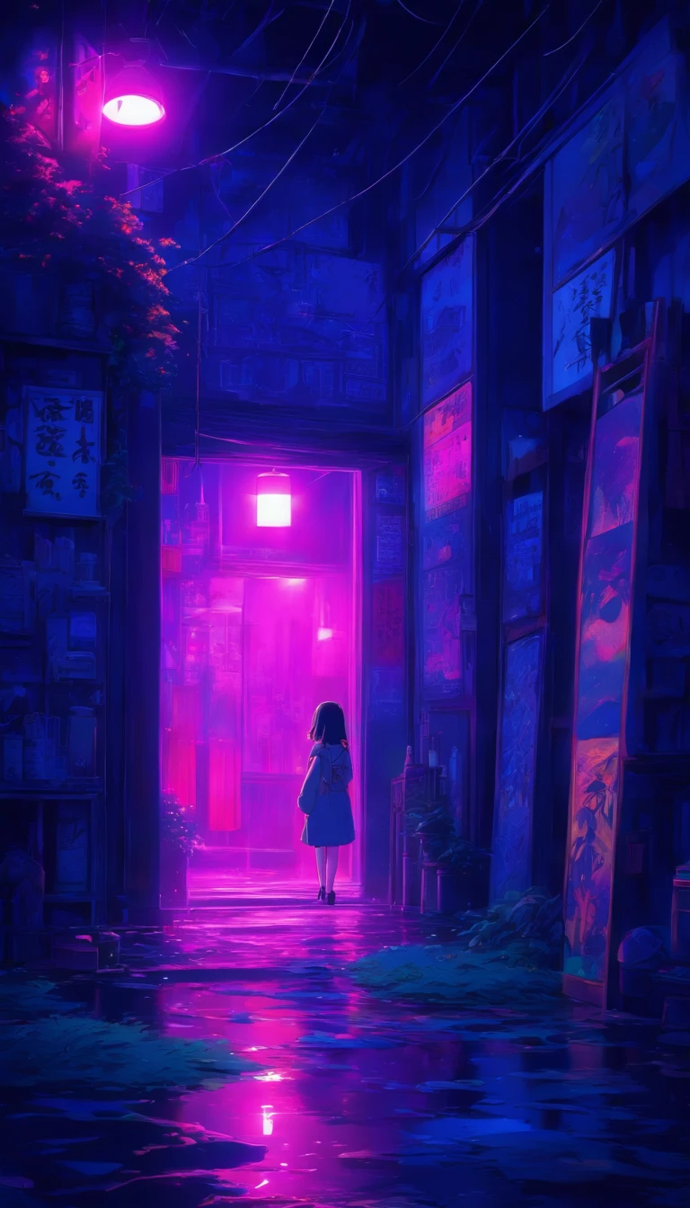 Night scene lighting black light room, hyper HD, correct, textured scenery, Super detail, High details, High quality, High resolution, 8K, hyper HD, Textured scenery, Super detail, High details, High quality, Best quality, 8K, Leishnampo, Room 2, Horror.