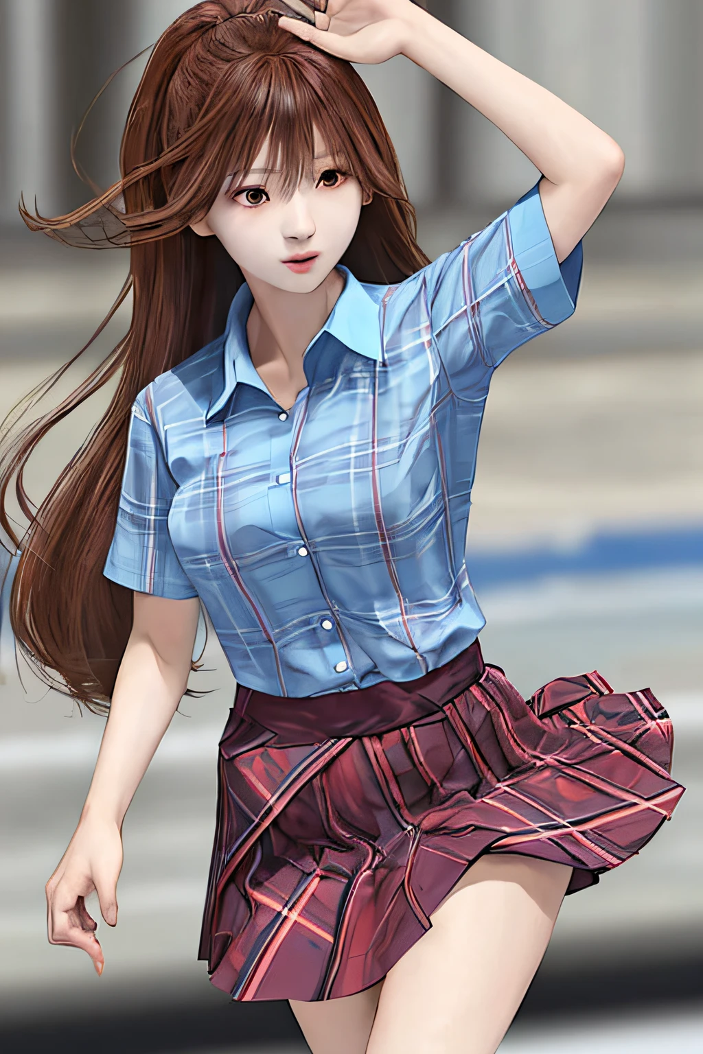 Japanese female student, Very long hair reddish-brown., Short sleeve shirt, Blue plaid skirt, Ice skating
