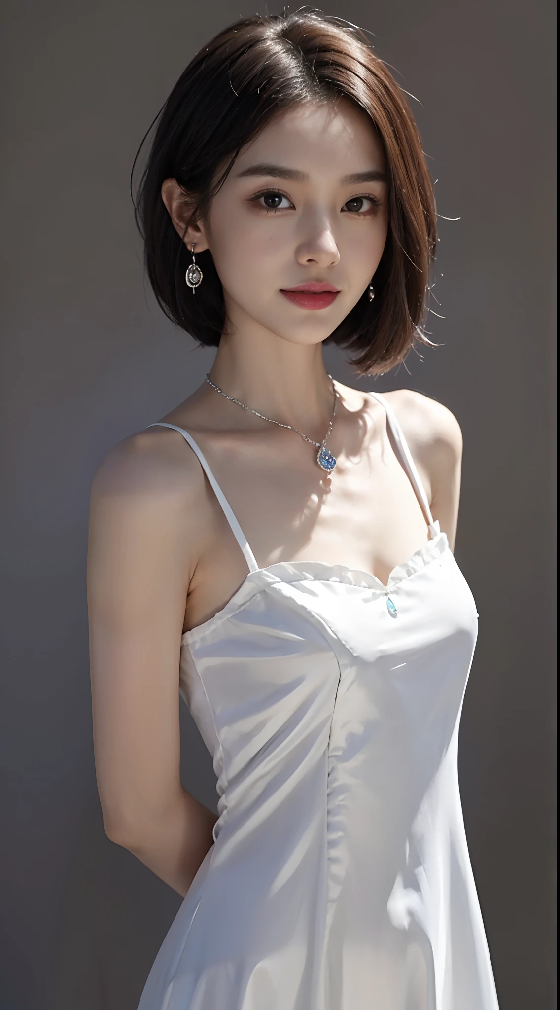 masterpiece, 1 beautiful girl, detailed eyes, puffy eyes, best quality, ultra high definition, (reality: 1.4), original photo, 1girl, cinematic lighting, Japan, asian beauty, korean, super beautiful, beautiful skin, slender, body facing front, (ultra-realistic), (high resolution), (8K), (very detailed), (best illustration), (beautifully detailed eyes), (ultra detailed) , detailed face, looking at the viewer, facing straight ahead, neat clothes, sleeveless, short hair, black hair, 46 points diagonal bangs, room based on white background tone, neat atmosphere,