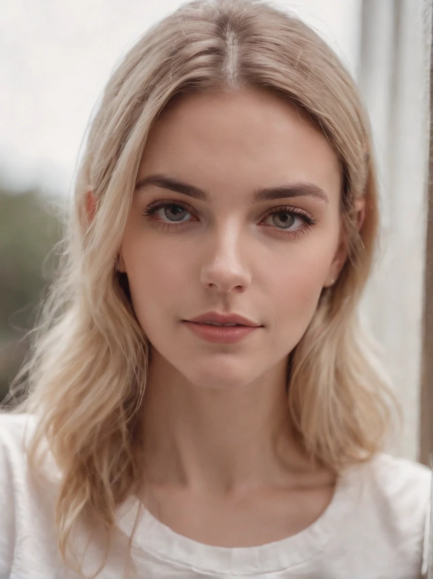A close up of a woman with blonde hair and a white shirt - SeaArt AI