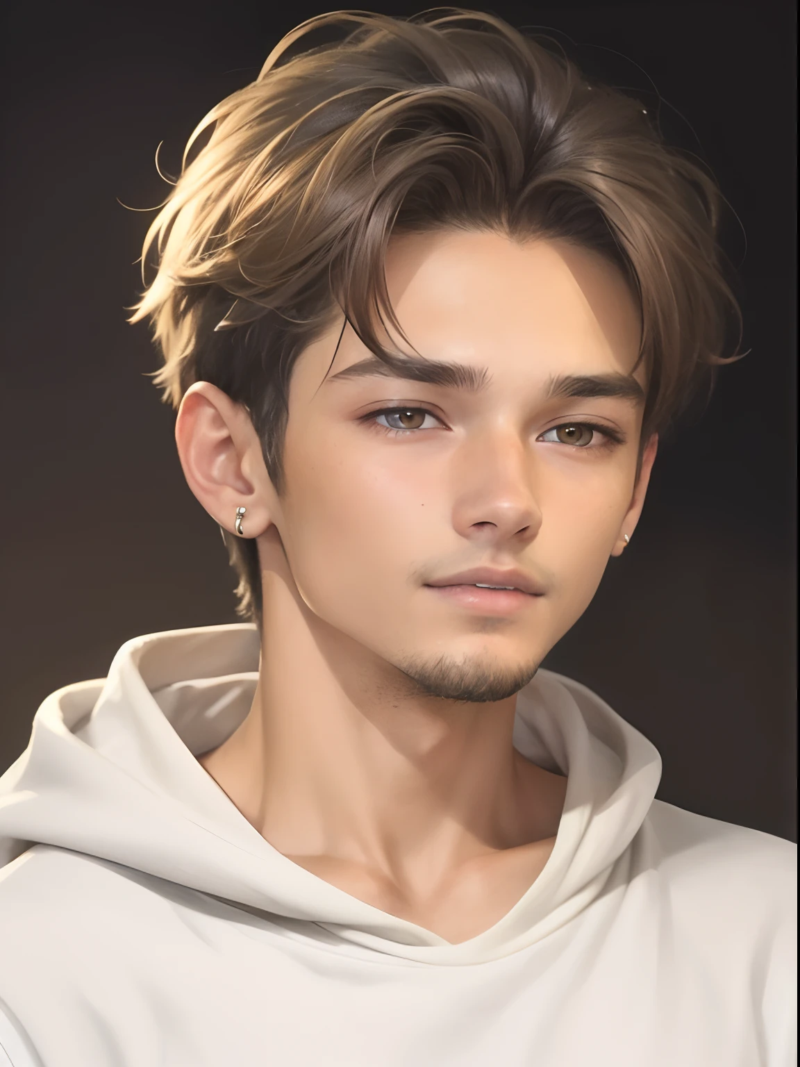 Realistic face, ultra detailed, young boy, 18 years old, boy, realistic boy, grey eyes, realistic, brown and gold hair, realistic detailed chenge background, add lights, add light light beard, white simple sweatshirt skinny boy, add right earing,