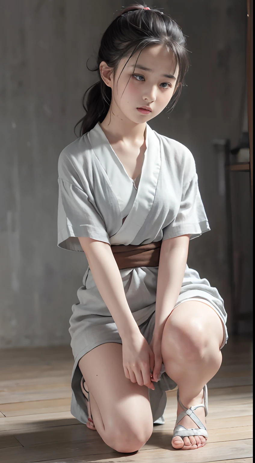 ((Best quality, 8K, Masterpiece :1.3)), Sharp focus:1.2 ， Photorealsitic，(Cinematic lighting)，Facial detail texture. Eye details. Double eyelids, Slender body. Super small breasts, 12-year-old girl, photo-realistic:1.37，Perfect eyes, 1 Girl in a black kimono，1 Ninja Girl，Young girl in rags，（white sash），(Extremely light fabric)，((Ragged linen)),With a petite figure，brunette color hair，pony tails，Qi bangs，Kneel in the cold, Kneeling posture，Apology pose，Prison of terror，Torture room，A large number of torture instruments，Full body like，Get wet all over your body，Hands tied behind your back，Clothing covers the whole body，folds，((solid color backdrop))，eye closeds，weeping，streaming tears，agony，Side arches,clothes torn