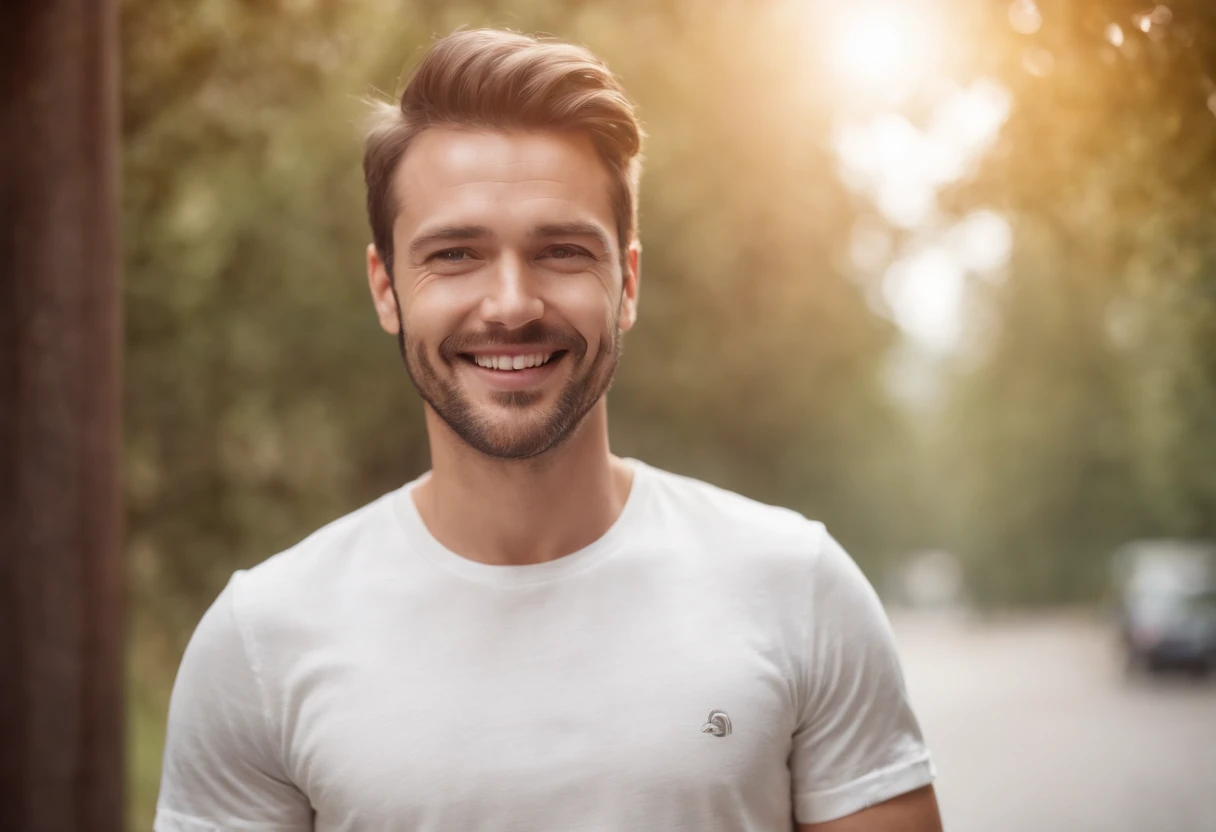 Happy man, wearing t shirt isolated on white background