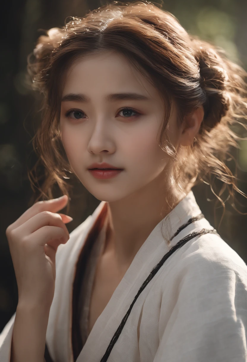 ((Best quality, 8K, Masterpiece :1.3)), Sharp focus:1.2 ， Photorealsitic，(Cinematic lighting)，Facial detail texture. Eye details. Double eyelids, Slender body. Super small breasts, , photo-realistic:1.37，Perfect eyes, 1 Girl in black kimono，1 Ninja Girl，Young girl in rags，（white sash），(Extremely light fabric)，((Ragged linen)),With a petite figure，brunette color hair，pony tails，Qi bangs，Kneel in the cold, Kneeling posture，Apology pose，Prison of terror，Torture room，A large number of torture instruments，Full body like，Get wet all over your body，Hands tied behind your back，Clothing covers the whole body，folds，((solid color backdrop))，eye closeds，weeping，streaming tears，agony，Side arches,clothes torn