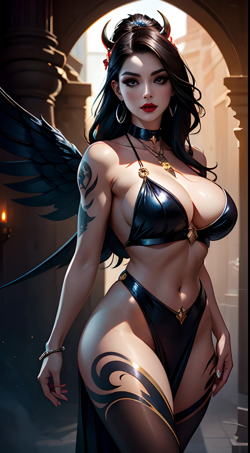 Model: Long gradient hair, full scarlet dark lips,Curvy Body, big thighs, big breastes, black shiny body, Smoky eyes, BREAK, multicolored scarlet neon crystals, BREAK, bodypaint: Polychromatic geometric patterns, Torso cover, BREAK, Accessories: Chrome-plated chains with torn body, Silver Choker, wings, Naked, Topless, naked body,BREAK, looking forward, Magic, Magic, up close, spectrum, apaixonado, starry, secret, 100mm wide-angle lens1 beautiful devil woman from hell, around dark: 1.6), photo realism, dinamic lighting, Artstation, Poster, voluminous lighting, Very Detailed Faces, 8k ultra, Awarded, around dark, deep shadow, Discreet key, cowboy lens, hairlong, bust, luxury palace, Royal style, devil's crown, Eye makeup is very clear and detailed, The most beautiful face, The breasts are very large, round & round, super realistic, Adorable smile, The eyes are very well made up, guweiz, devil style, Tail with bow, tied at the back of the head, Red-black lips, Skull tattoo on the shoulder, She is undressed, Topless, Naked, the landscape is overcast and thunderous, (portraite of a), Close-up of main character, (Background details 1.8),