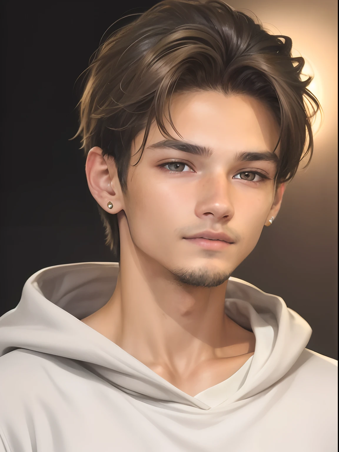 Realistic face, ultra detailed, young boy, 18 years old, boy, realistic boy, grey eyes, realistic, brown and gold hair, realistic detailed chenge background, add lights, add light light beard, white simple sweatshirt skinny boy, add right ear circle earing,