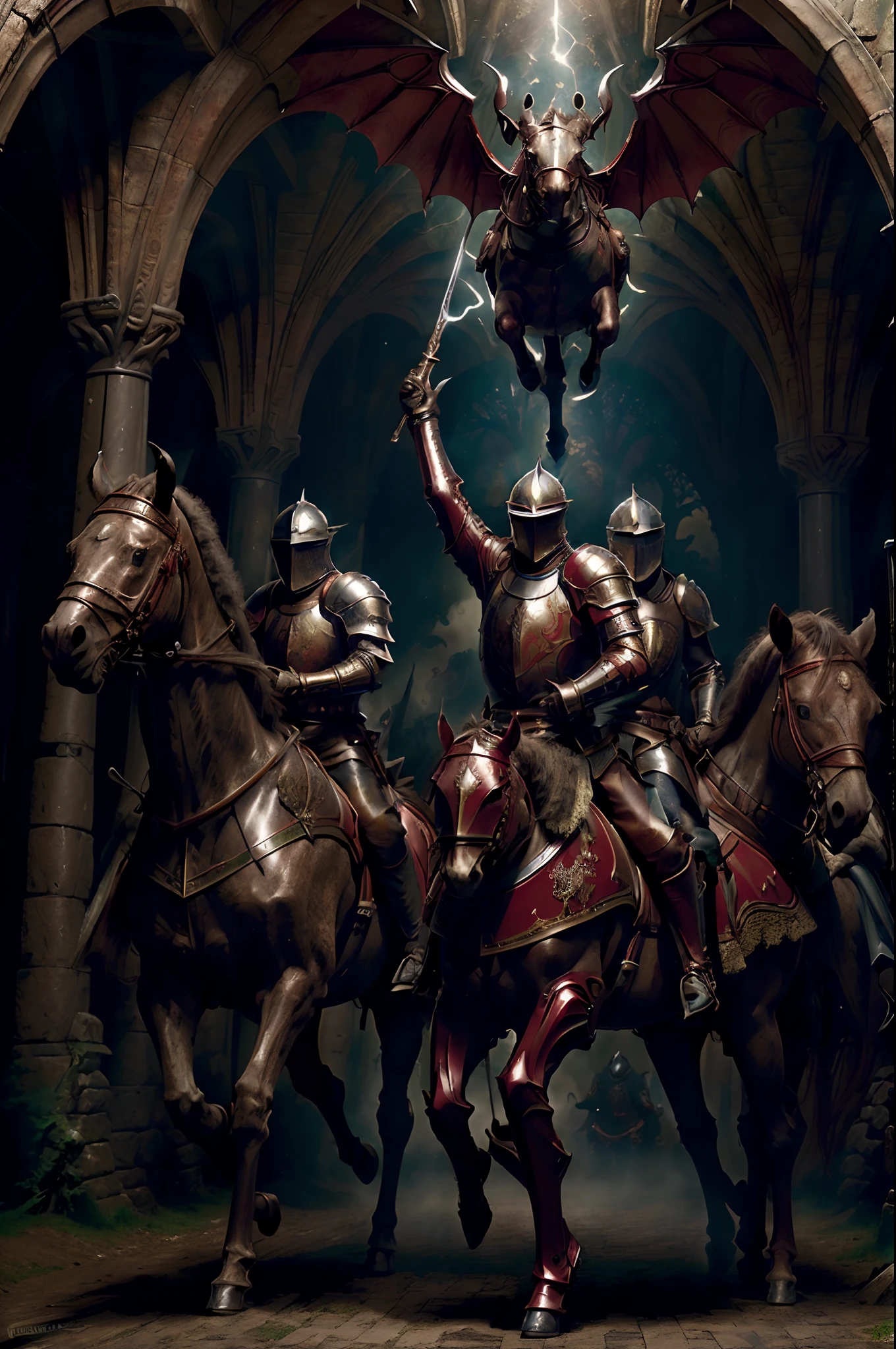 A group of knights in red armor, ride horse, Gallop through the dark forest, Put on dragon-shaped armor, Fully armed. (Best quality, Ultra-detailed, A high resolution, Masterpiece:1.2), (sportrait, fantasy, medieval), Vibrant colors, Dramatic lighting, Full of vitality.