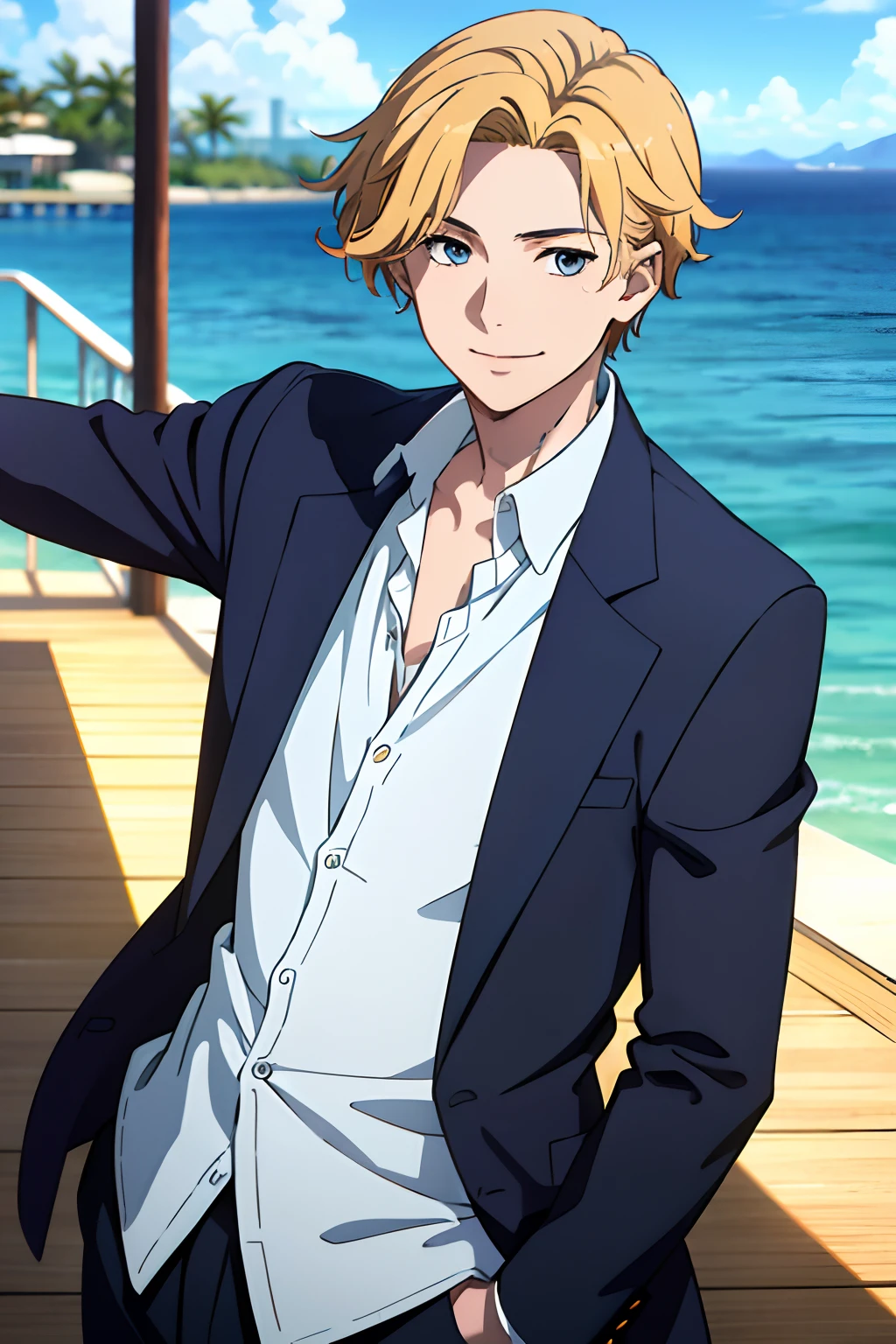 a young man in a blue suit, on a yacht, vacation photo,upper body, Miami background, no background, PNG, natural lighting, no shadows, ultra detailed, 80mm, 4k, 8k, 8k, intricate, high resolution, anime, smile, blonde hair,