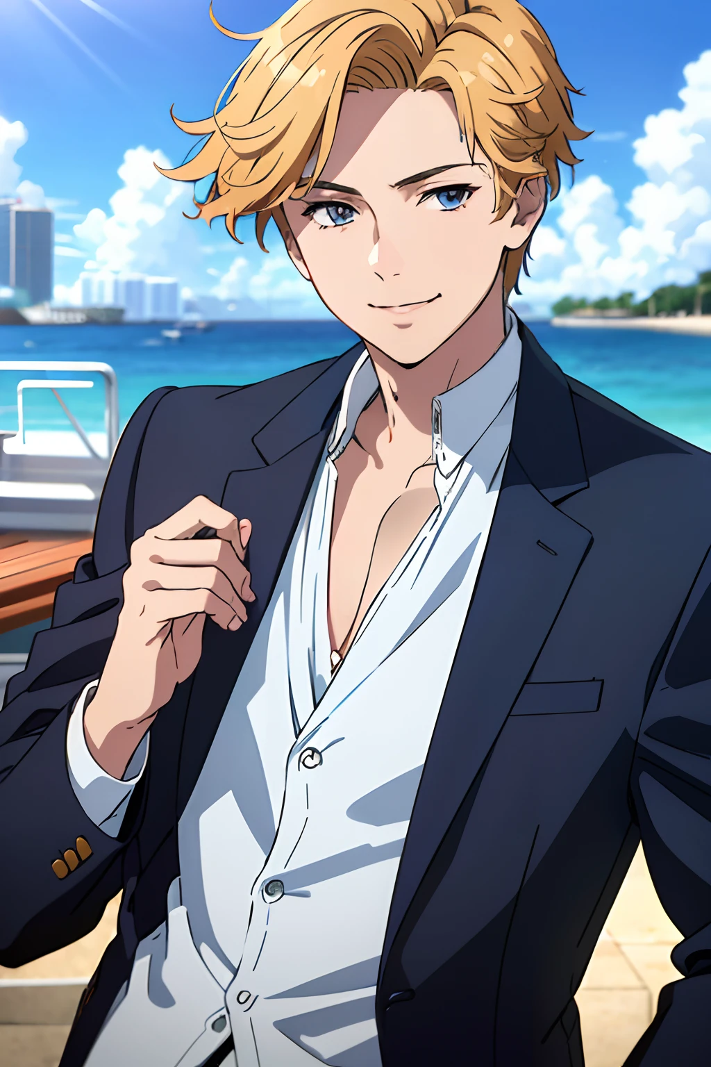 a young man in a blue suit, on a yacht, vacation photo,upper body, Miami background, no background, PNG, natural lighting, no shadows, ultra detailed, 80mm, 4k, 8k, 8k, intricate, high resolution, anime, smile, blonde hair,