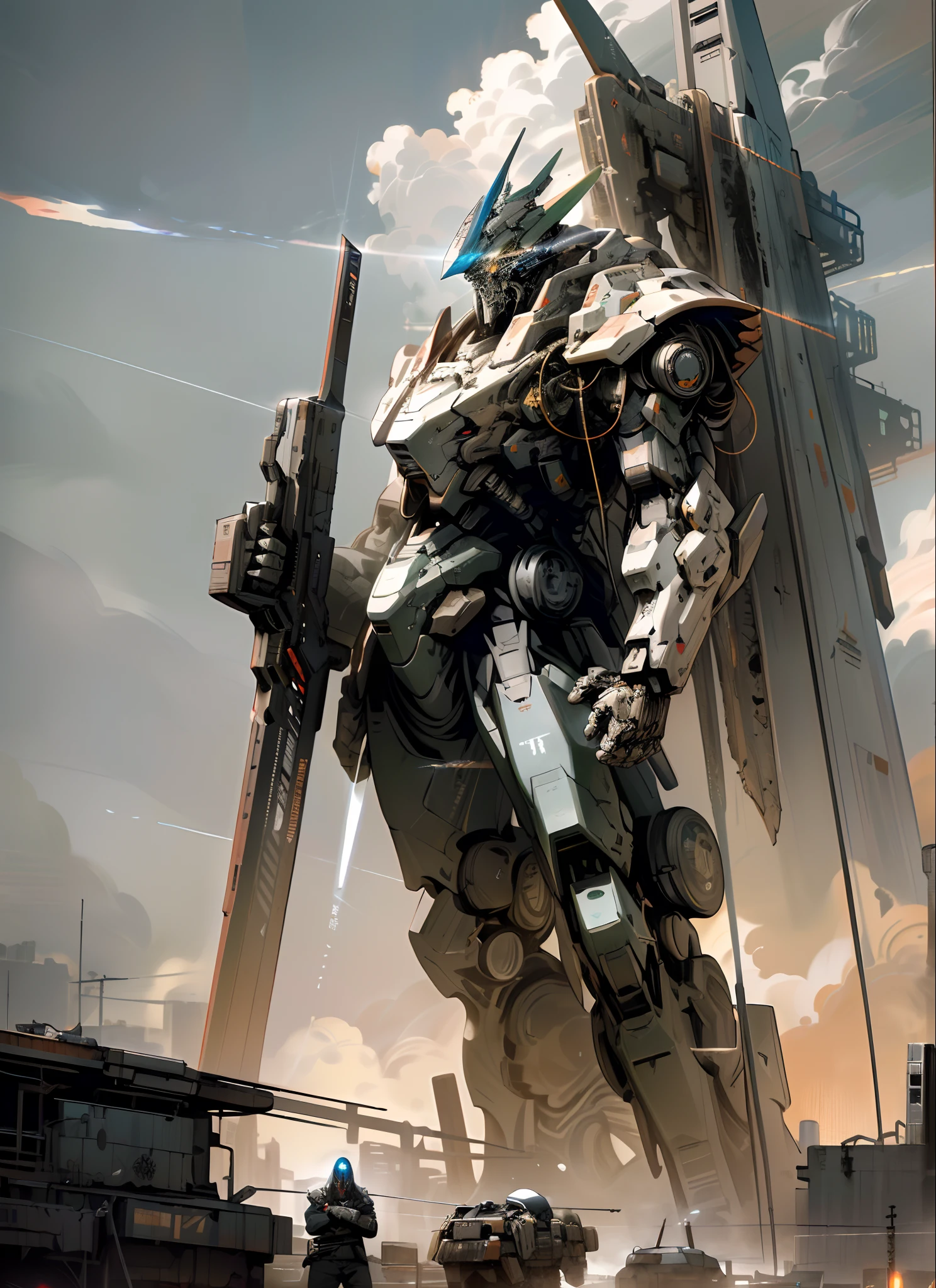 (ultra-detailed,realistic)war machine,(dystopian,apocalyptic)sky,(vast,expansive)cosmos,(desolate,empty)landscape,(holding,brandishing)weapons,(divine,holy)presence,(gigantic,towering)mechs,(godlike,supernatural)beings,(sci-fi,futuristic)novel,(blending,intertwining)reality, (epic,breathtaking)visuals