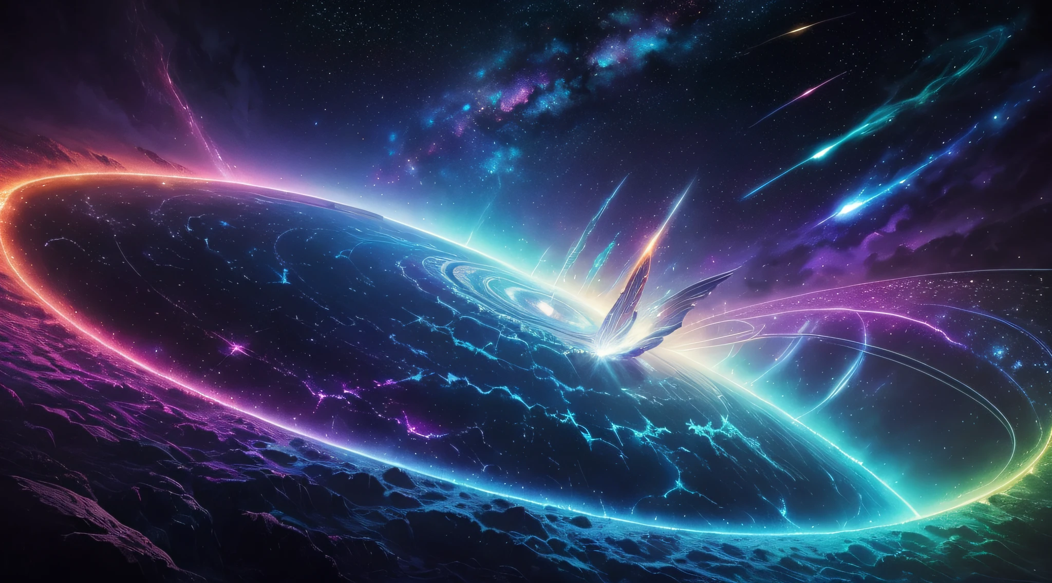(a mural:1.2),cosmic connection,interdimensional portal,celestial beauty,transcendent power,vibrant colors,outer space vistas,otherworldly landscapes,supernatural phenomena,divine energy,ethereal beings,fantastical creatures,mythical realms,majestic celestial bodies(falling stars,comets,nebulae,galaxies),cosmic rays and particles,sublime visual spectacle,awe-inspiring presence,dreamlike atmosphere,mystical symbolism,cosmic harmony,powerful interplay of light and shadow,seamless blending of colors,meticulous attention to detail,ultra-fine painting,transcendental brushstrokes,subtle tonal variations,evocative textures,masterfully rendered fusion of art styles,intertwining of realism and abstraction,dynamic composition,impressive scale and perspective,magical realism,cosmic narrative,spiritual connection between Eldoria and parallel dimensions,mysterious portals revealing hidden realms,astral travelers exploring new frontiers,boundless imagination and infinite possibilities.