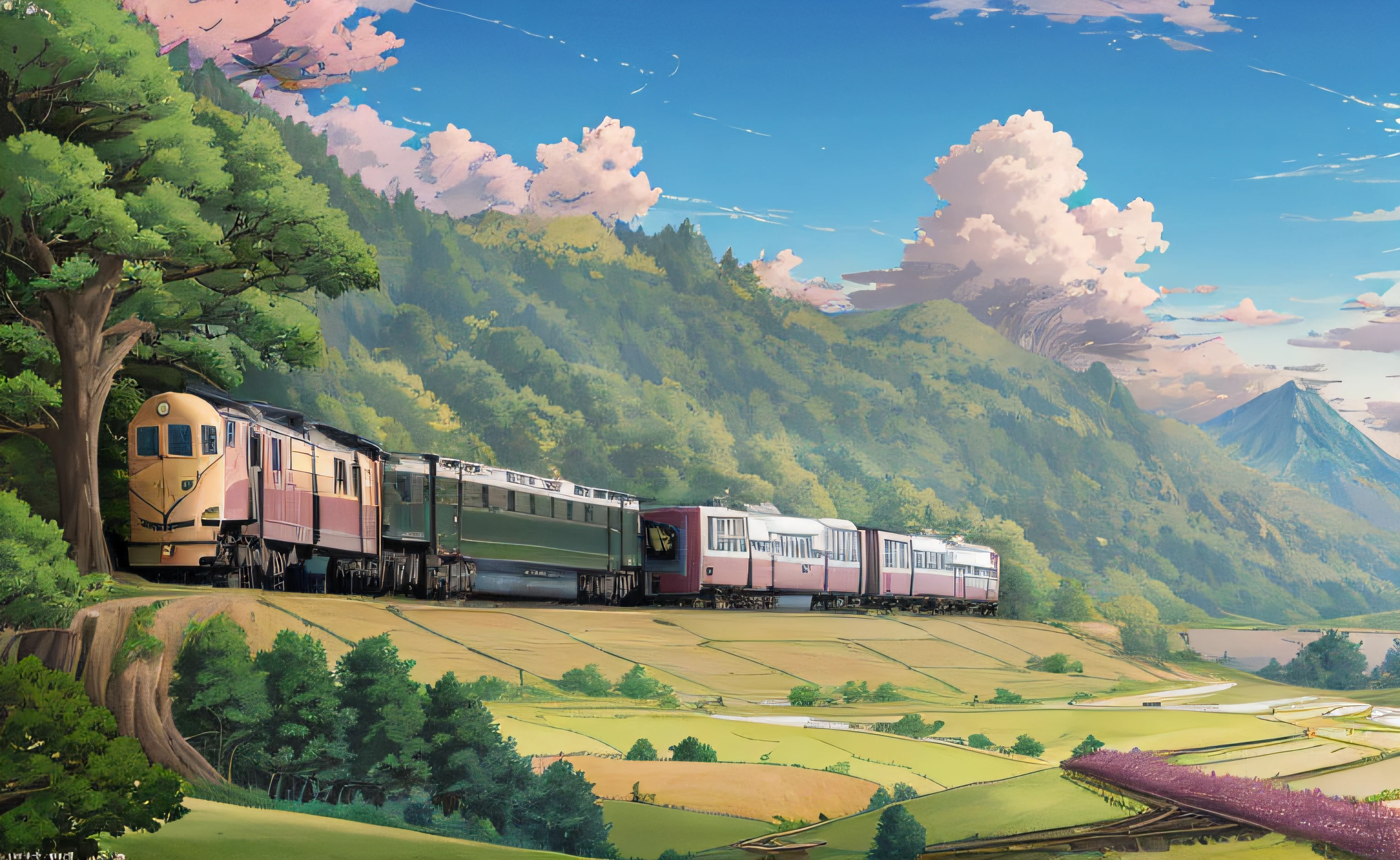 there is a train that is going down the tracks in the field, anime countryside landscape, made of tree and fantasy valley, scenery art detailed, beautifull puffy clouds. anime, detailed scenery —width 672, anime landscape wallpaper, anime landscape, studio ghibli landscape, 4k highly detailed digital art, amazing wallpaper, ross tran. scenic background, dreamy landscape