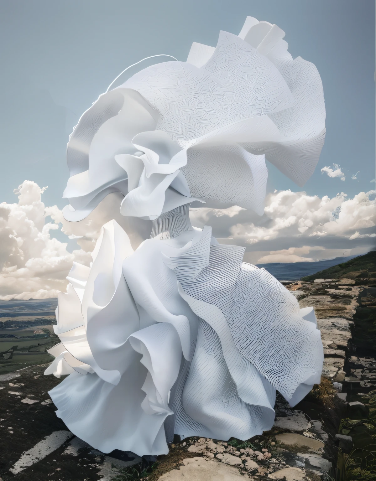 On the stone wall sits a white dress, frill, frilled blooming collar, silk flowing in wind, in style of photogrammetry cloud, flowing material, frilld, shot on iphone 1 3 pro max, inspired by Fei Danxu, Issey Miyake, inspired by Wang Guxiang, giant flowers