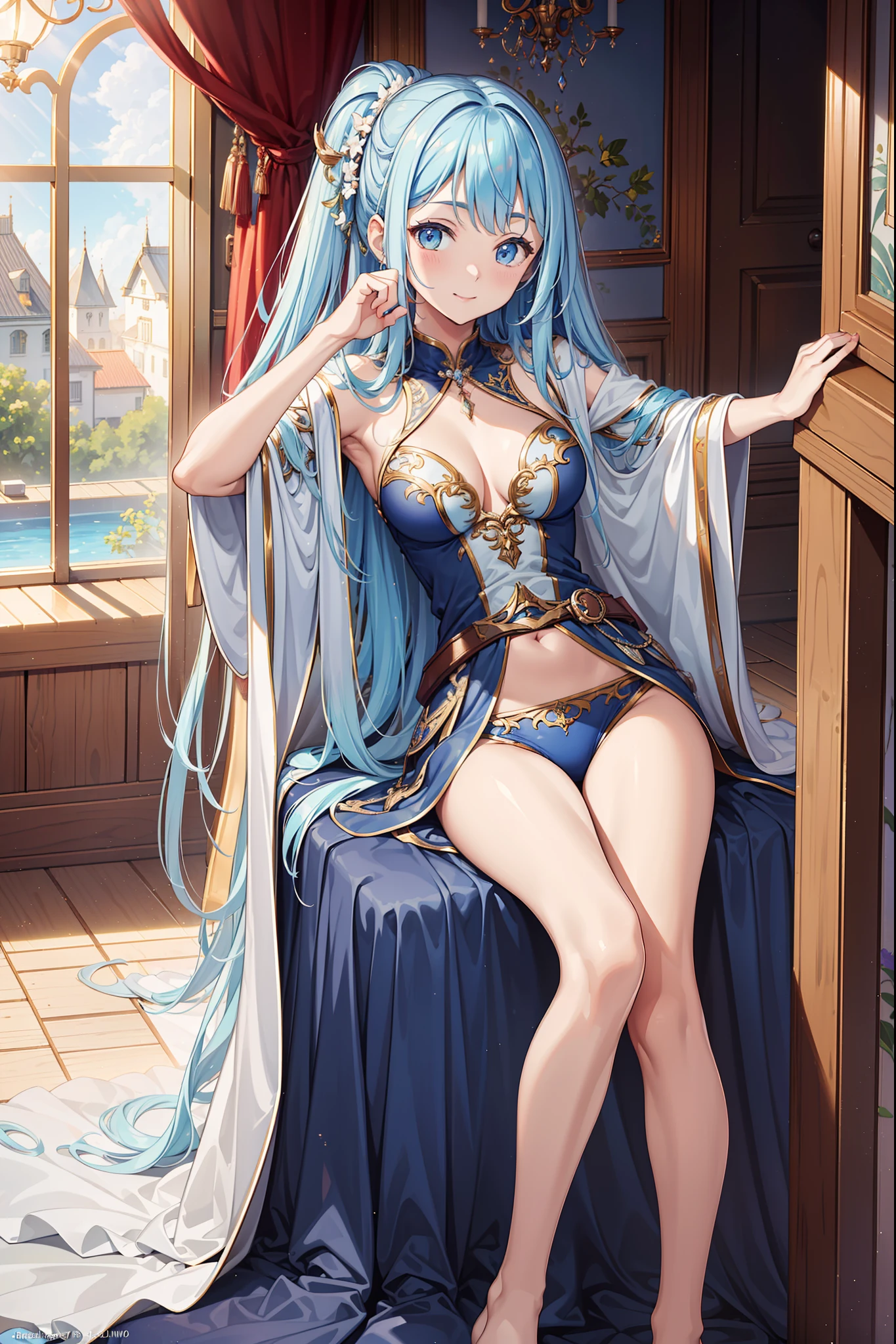 (Best quality,4K,8K,A high resolution,Masterpiece:1.2),Ultra-detailed,teens girl,divino,Enchanted,Seductive pose,having fun,Being in love,pale robe,intricate detailed clothes,Pattern,swimming uniform,inside in room,solo person,