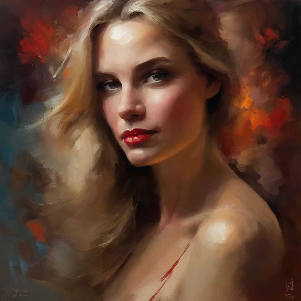 painting of a woman with a red strapless dress, long blond hair, eyes looking directly at us, head in center of frame, elegant digital painting, beautiful portrait acrylic painting, wlop painting style, heavy brush strokes in textured paint, gorgeous digital painting, in wlop style, beautiful character painting, fine art portrait painting, very dark epic background, dark mystical background, expert lighting, woman head in center of frame, beautiful art uhd 4 k