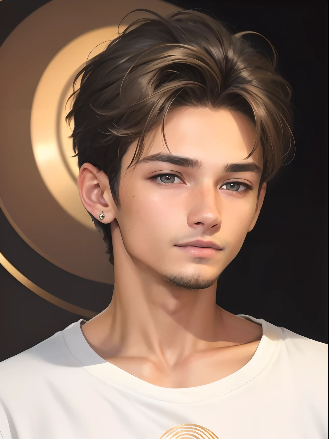 Realistic face, ultra detailed, young boy, 18 years old, boy, realistic boy, grey eyes, realistic, brown and gold hair, realistic detailed chenge background, add lights, add light light beard, white simple sweatshirt skinny boy, add right ear circle earing,