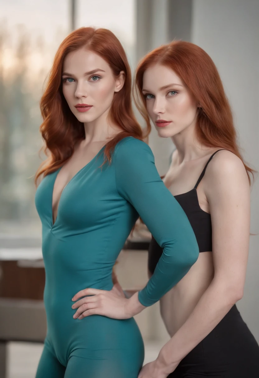 duels, rivals, complex and colorful effects in the background, two women, office attire, blue and red bodysuit, flowing hair, green eyes, thin waist, beautiful redhead, flowing, (masterpiece), ((highest quality)), (super detailed), woman, clean and detailed face, five fingers, textile shading, perfect anatomy,