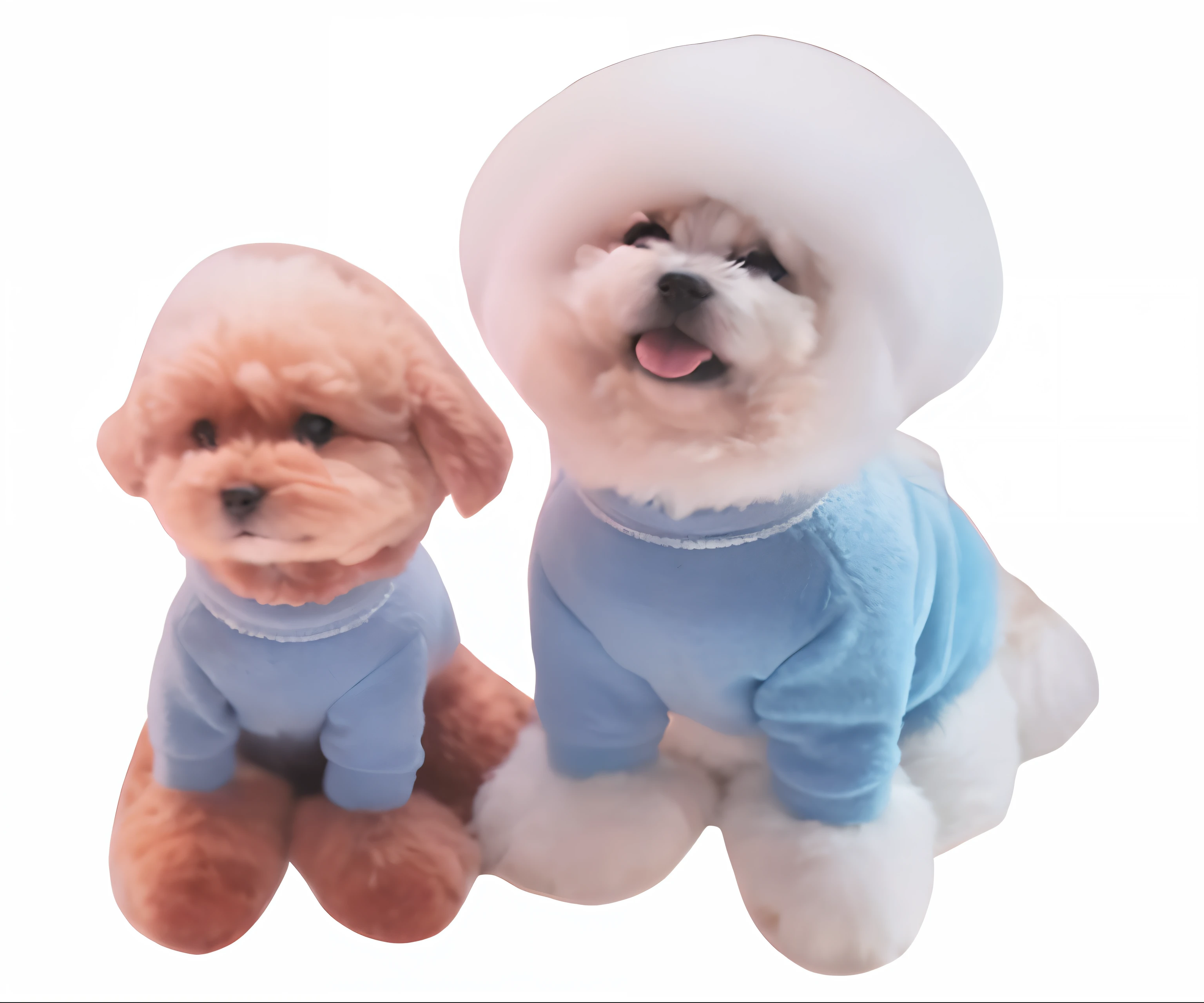 Two puppies dressed in blue and hats sat side by side, sky-blue thick fur coat, sky-blue thick fur robes, blue turtleneck, crumbling, generous dimensions, blue sweater, Fancy, posh, pets, cat dog teddy mix, Sweater, tight light blue neopren suits, soft!!, pets, ji-min, soft - warm