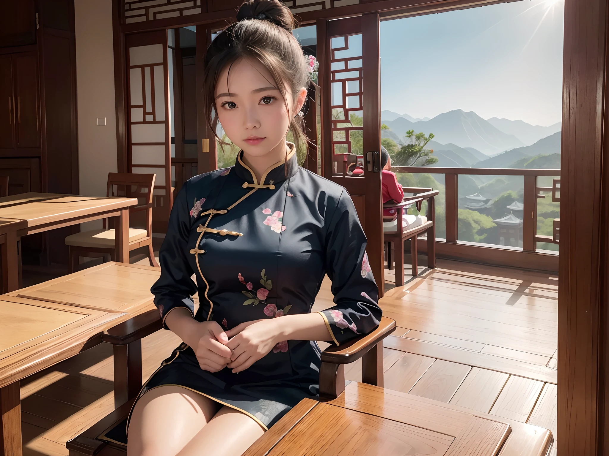 commercial photo, masutepiece, Super Detail, High quality, awardwinning, 8K, girl, Solo, Hair bun, qipao dress, close up, sitting in the chair, In the tea house, Chinese style interior, In China, traditional, Natural light, in the morning