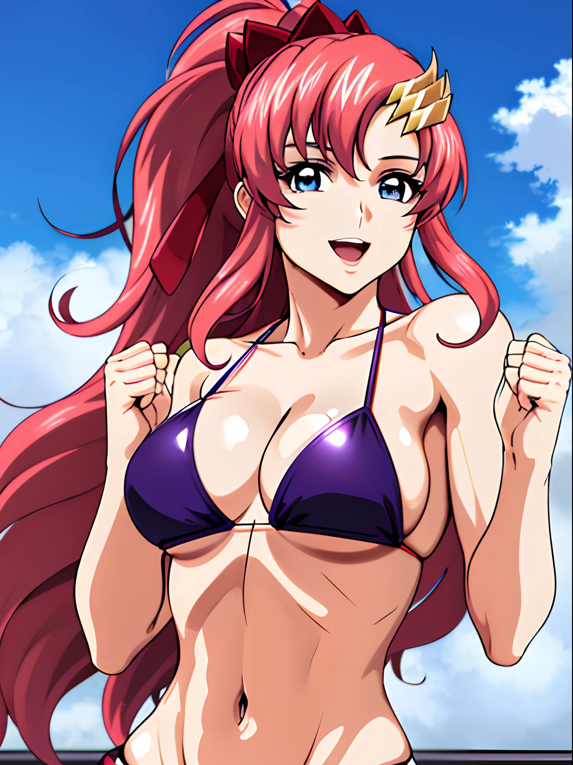(masterpiece, upper body view, 4K, Best Quality, Anime style: 1.9, tall, adult Woman, ultra detailed face, (cloud background, wrestling arena), Drawing lines, high resolution, Anime, lacus4), 1girl, Solo, curvy figure, Long hair, 鎖骨, scapular, (Detailed wide hair bangs, Hair Ornament, long hair, Detailed reddish-pink hair, golden crest, high ponytail, red ribbon), cleavage, large hands, (female wrestler). (Big blue eyes, shiny eyes), ((pro female wrestler, little biceps, slender body, broad shoulders, closed fists)), ((perfect proportions, medium breasts, perky breasts, long belly)), (((micro bikini, pink wrestling gear, champion))), happy, smile, open mouth, (standing, looking at the viewer, talking to the viewer), showing off underarm, shaved armpit, (elegant lady)