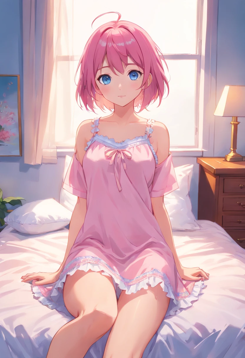 beautiful illustration、top-quality、Cute little girl s、bedroom、A pink-haired、light blue  eyes、a smile、a miniskirt、Two-side-up、cleavage of the breast、High contrast, ((masutepiece, Best Quality)), Cinematic Light, (((12year old)))、natural soft light、Cinematic composition、(((bare-legged)))、Lustrous skin, on the beds , (((Are sleeping)))、lovely thighs、glowing thigh、a navel、Extraordinary lovely anime girl、watching at viewers、(((Open your legs to show your white panties)))