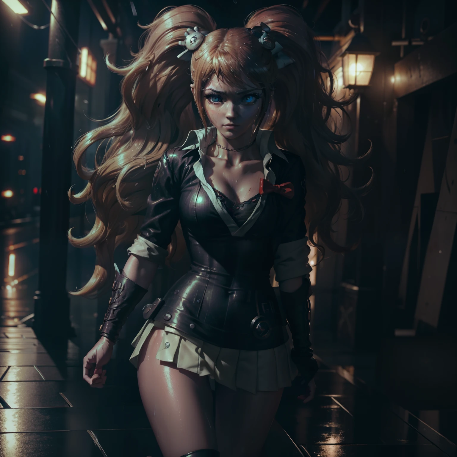 Photo-realistic,Realistic illustration in Manga style,((Masterpiece)),((Best quality)),((Ultra-detailed)),((1girl)),((solo)),((Waifu:1.5)),Perfect Anatomy,Cute_face,Waifu Tifa Lockhart final fantasy 7 remake,in cosplay of Wonderwoman and ironman Mark-85,wet clothes,white blouse,black Miniskirt,black socks,Red_eyes,wavy hair,eyeliner,cute Makeup,((Perfect detailed eyes)),cyberpunk city,rain outside,nighttime,((Extremely CG unity 8k wallpaper)),intricate details,extremely beautiful and aesthetic,Octane rendering,full body portrait,wet skin,((perfect detailed body)),