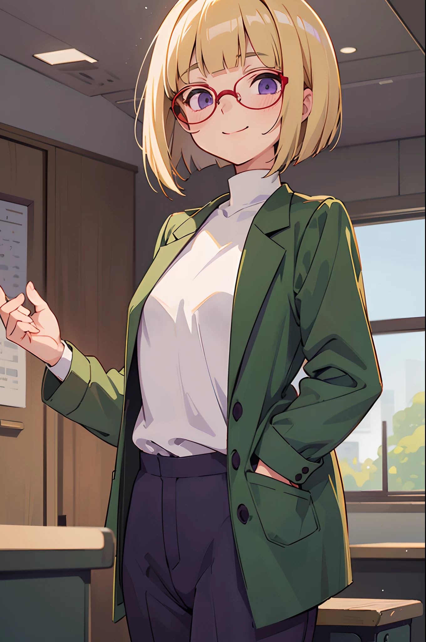 An 18-year-old woman、a blond、Blunt bangs、bob cuts, Straight hair、Purple eyes、Dark green jacket、White Turtleneck Shirt、Gray slacks、Red framed glasses、A slight smil、Upright in the classroom、The upper part of the body