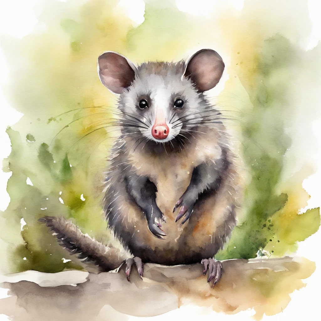 A possum，On the walk，Watercolor style art，Simple，Full body photo，（white backgrounid），