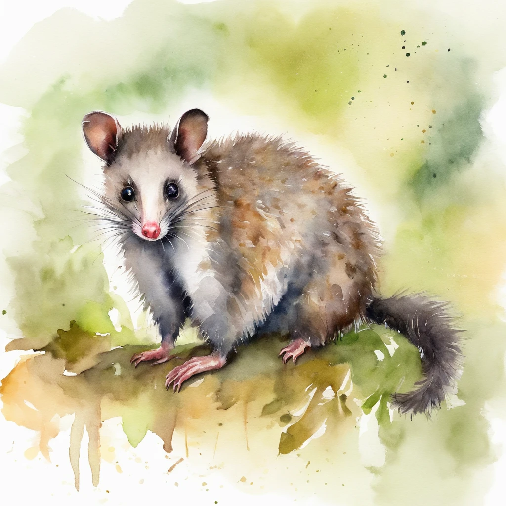 A possum,On the walk,Watercolor style art,Simple,Full body photo,(white backgrounid),