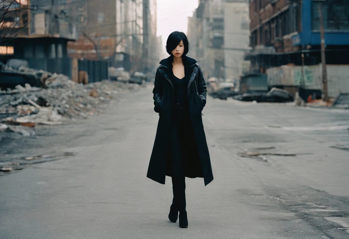 Beautiful petite young Japan woman, 28 year old, Short black hair,Floppy hair, Cold, (Investigative Journalist:1,5), New York City, photojournalism, 35 mm, Kodak Gold 200, depth of fields, Materiality
