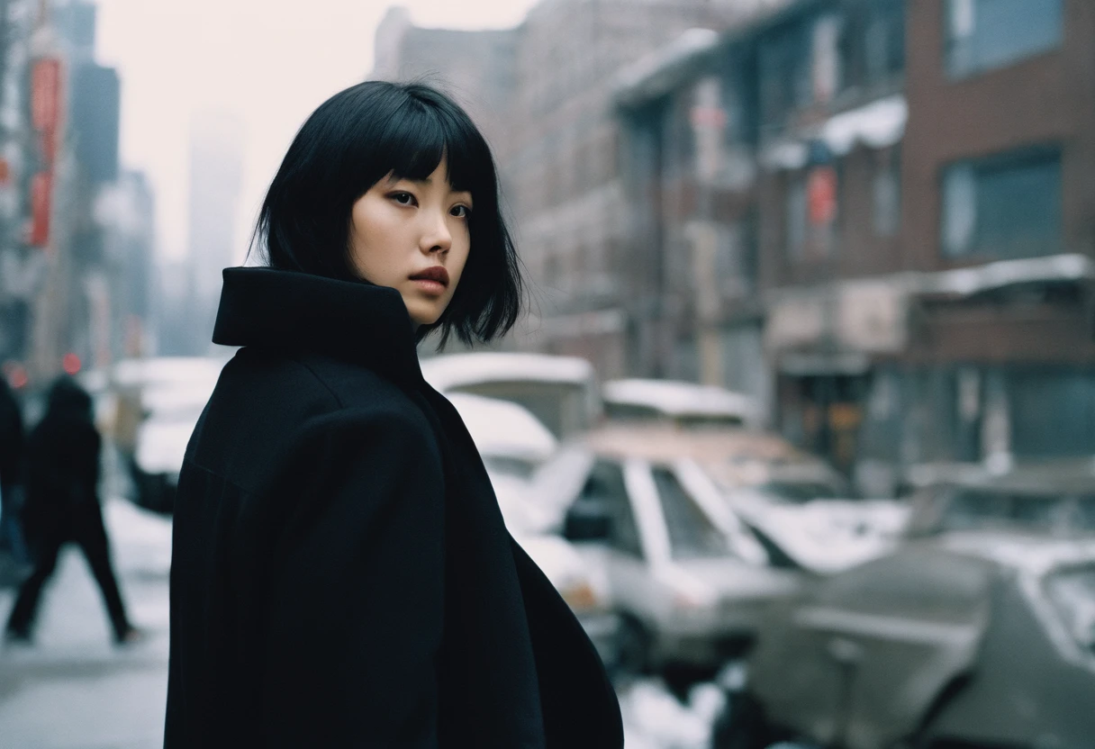 Beautiful petite young Japan woman, 28 year old, Short black hair,Floppy hair, Cold, (Investigative Journalist:1,5), New York City, photojournalism, 35 mm, Kodak Gold 200, depth of fields, Materiality