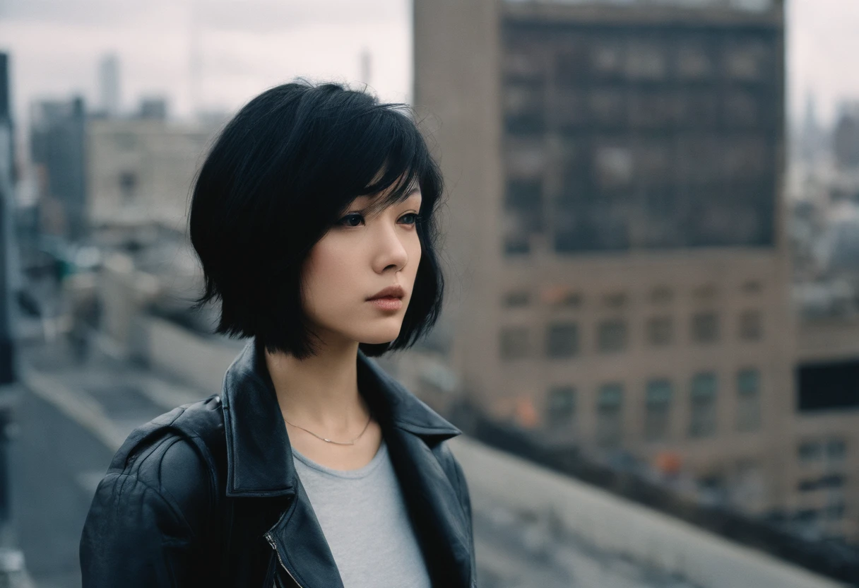 Beautiful petite young Japan woman, 28 year old, Short black hair,Floppy hair, Cold, (Investigative Journalist:1,5), New York City, photojournalism, 35 mm, Kodak Gold 200, depth of fields, Materiality