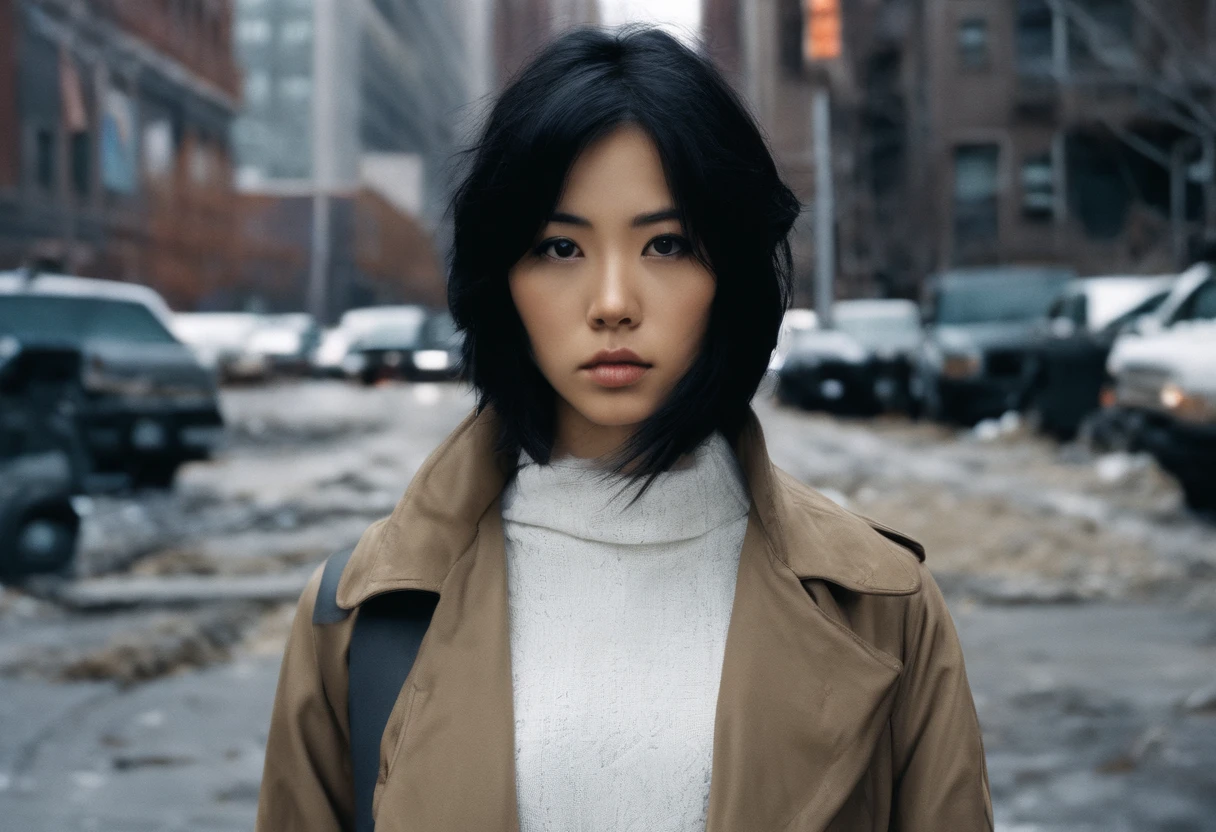Beautiful petite young Japan woman, 28 year old, Short black hair,Floppy hair, Cold, (Investigative Journalist:1,5), New York City, photojournalism, 35 mm, Kodak Gold 200, depth of fields, Materiality