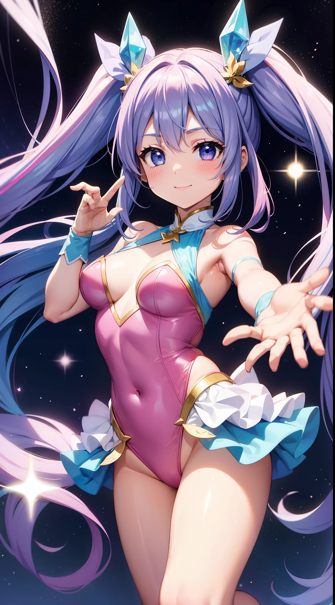 Super Idol、A charming smile、Blue Long Hair、Twin-tailed、Engaging pose、Pink and white leotard costume、Crystal jade、constellation、a moon、Fantastic background、