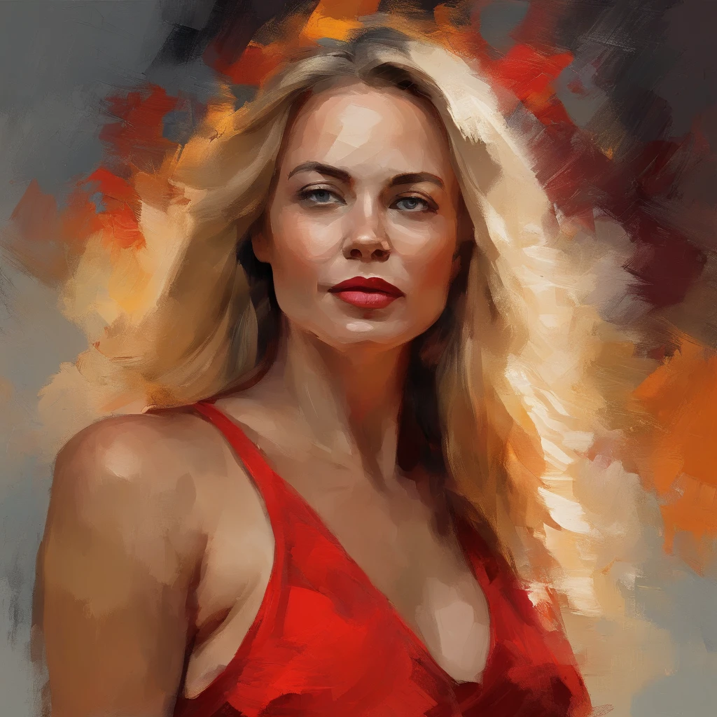 painting of a woman with a red bikini, long blond hair, eyes looking directly at us, head down from top of frame, head in center of frame, elegant digital painting, beautiful portrait acrylic painting, wlop painting style, heavy brush strokes in textured paint, gorgeous digital painting, in wlop style, beautiful character painting, fine art portrait painting, colorful epic background, mystical background, expert lighting, woman head in center of frame, beautiful art uhd 4 k
