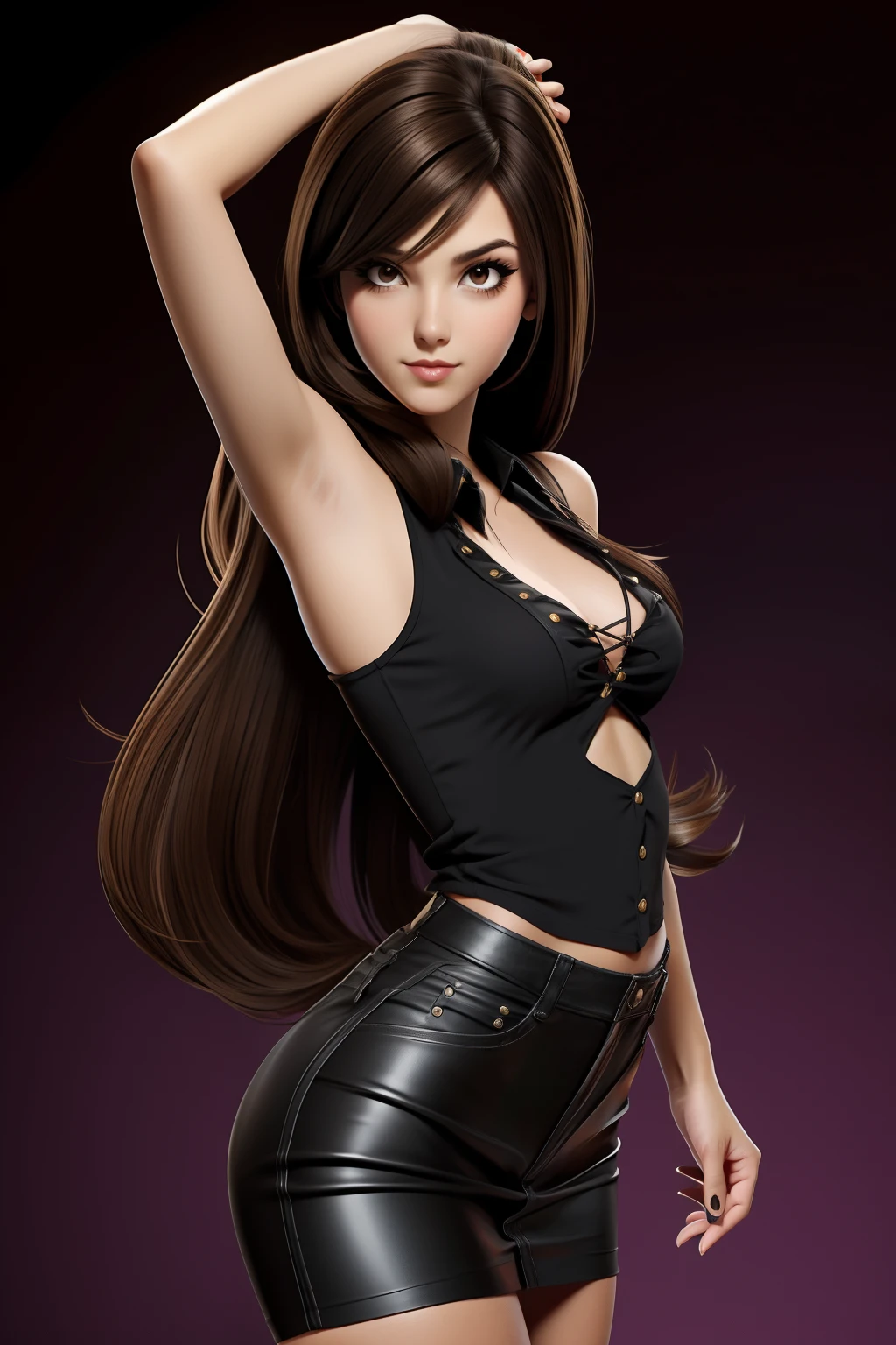 Light brown long hair Emo Pin up Girl, Black Faux, Striking a pose, skinny innocent