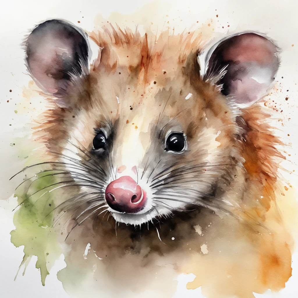A possum，On your stomach，Watercolor style art，Simple，Full body photo，white backgrounid，