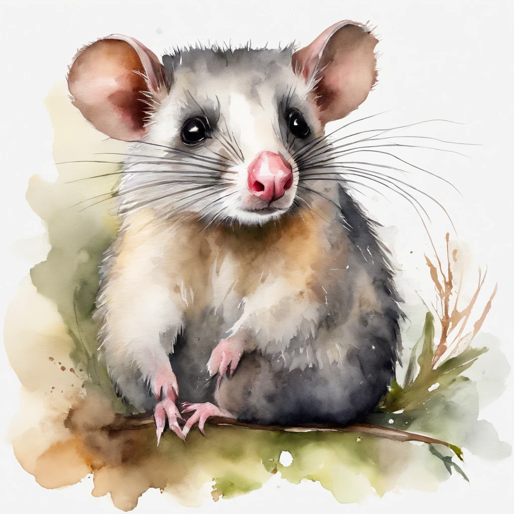 A possum，On your stomach，Watercolor style art，Simple，Full body photo，white backgrounid，