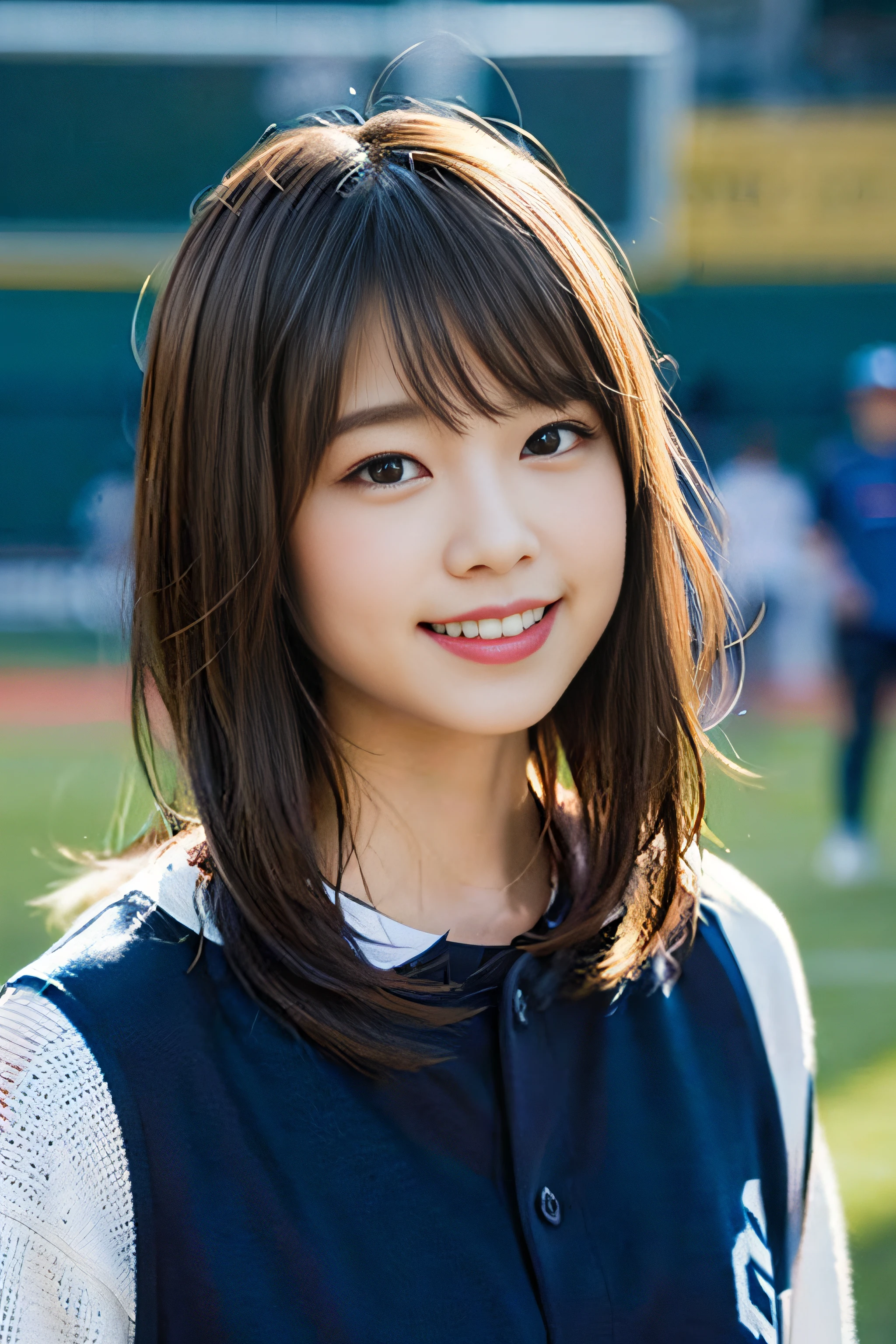 (8K、Raw photography、top-quality、masterpiece:1.2)、(realisitic、Photorealsitic:1.37)、ultra-detailliert、超A high resolution、女の子1人、see the beholder、beautifull detailed face、A smile、Constriction、(Slim waist) :1.3)、Beautiful detailed skin、Skin Texture、Floating hair、Professional Lighting、Whole human body、Longhaire、a blond、Baseball Uniforms、hi-school girl、baseball field、Bob Hair、Happy smile、15yo student、Ministry work