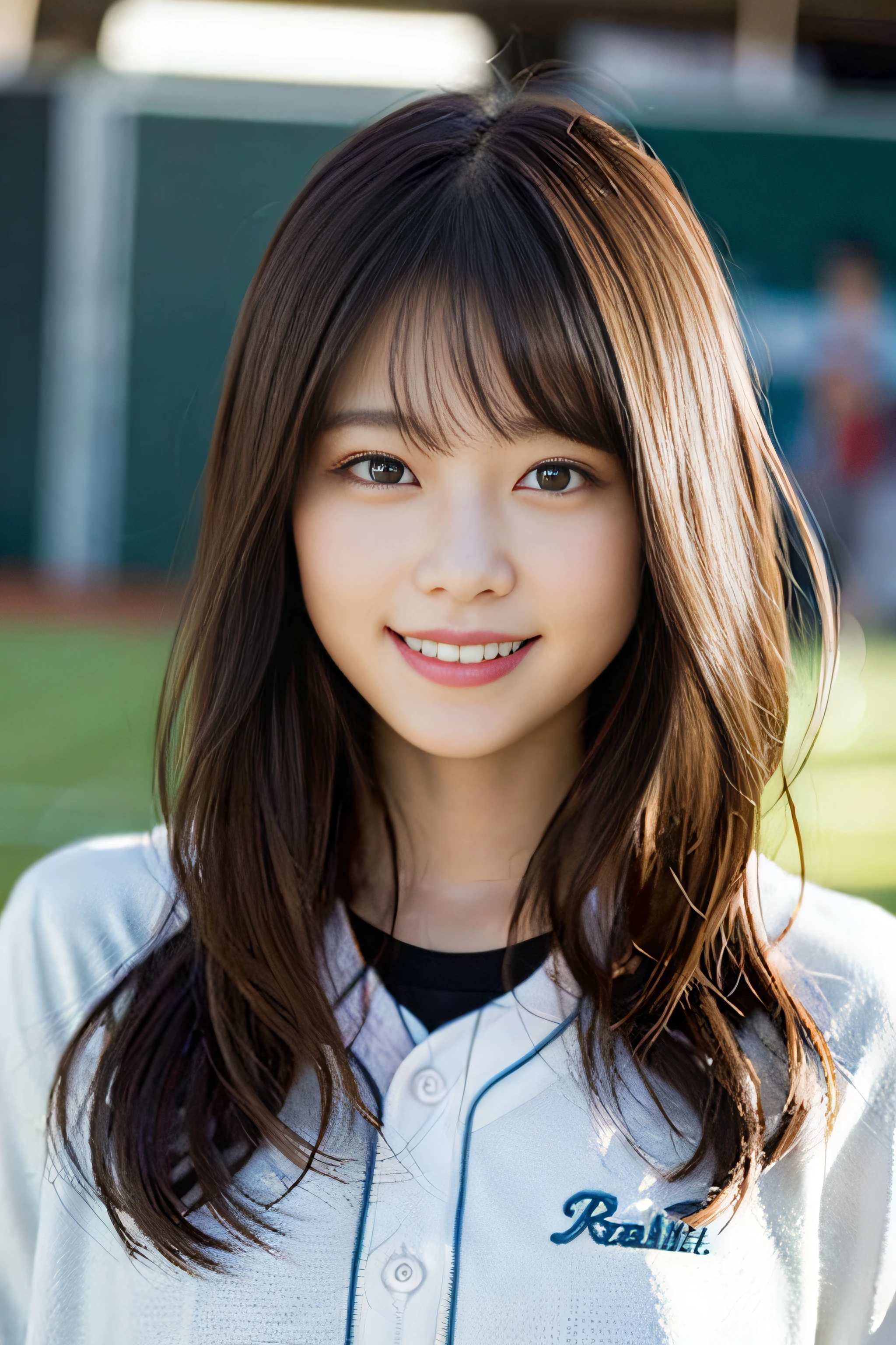 (8K、Raw photography、top-quality、​masterpiece:1.2)、(realisitic、Photorealsitic:1.37)、ultra-detailliert、超A high resolution、女の子1人、see the beholder、beautifull detailed face、A smile、Constriction、(Slim waist) :1.3)、Beautiful detailed skin、Skin Texture、Floating hair、Professional Lighting、Whole human body、Longhaire、a blond、Baseball Uniforms、hi-school girl、baseball field、Bob Hair、Happy smile、、Ministry work