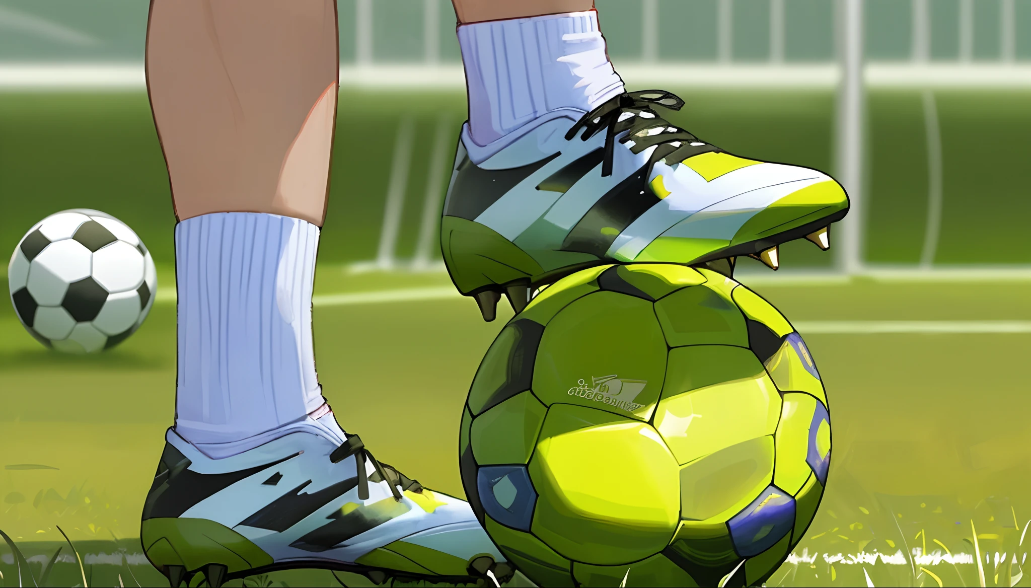 (masterpiece), best quality, (foot), shoes soccer, shoes, sock, soccer, down view, leg view, ball, close up, under view, grass