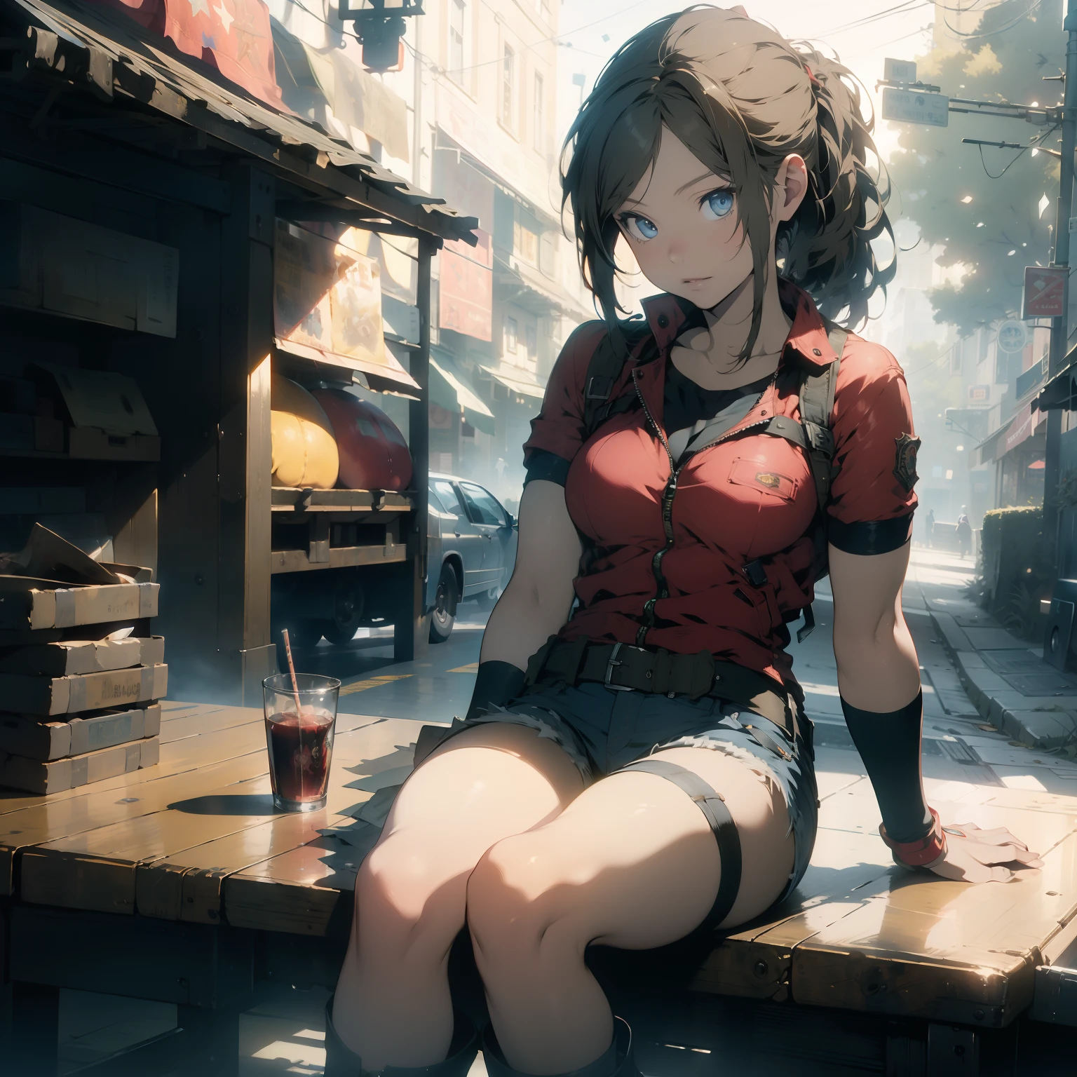 masterpiece, best quality, Claire Redfield,
ClaireRedfield, 1girl,detailed face,extremely detailed CG, wallpaper,beautiful face,
  claireredfieldclassic, re2costume, fingerless gloves, boots, bike shorts, denim shorts, sitting at a table, blue eyes