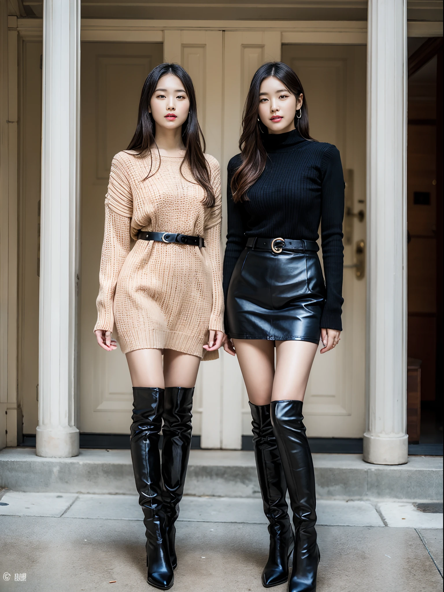 (RAW photo:1.2), (Photorealistic:1.4),Beautiful detailed woman,very detailed eyes and faces, A detailed eye, ultra - detailed, A high resolution, The is very detailed,best qualtiy,illustratio,unified,8k 壁纸,tmasterpiece,best qualtiy,A group of girls stood side by side,full bodyesbian,multipel Girls,boots,thighhigh,thigh boots,high-heels,brown hair,2girls,high heels boots,shift dresses,thongs,jewely,无袖,Black shoes,long whitr hair,looking at viewert,a garter belt,gyuru,black leather belt,exteriors,Sweaters,short skirt,a skirt,white dresses,buliding