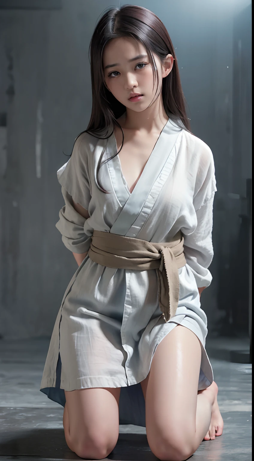 ((Best quality, 8K, Masterpiece :1.3)), Sharp focus:1.2 ， Photorealsitic，(Cinematic lighting)，Facial detail texture. Eye details. Double eyelids, Slender body. Super small breasts, ****************, photo-realistic:1.37，Perfect eyes, 1 Girl in a red yukata，1 Ninja Girl，Young girl in rags，（white sash），(Extremely light fabric)，((Ragged linen)),With a petite figure，brunette color hair，Long hair draped loosely，Qi bangs，Kneel in the cold, Kneeling posture，Apology pose，Prison of terror，Torture room，A large number of torture instruments，Full body like，Get wet all over your body，Hands tied behind your back，Clothing covers the whole body，folds，((solid color backdrop))，eye closeds，weeping，streaming tears，agony，Side arches,clothes torn