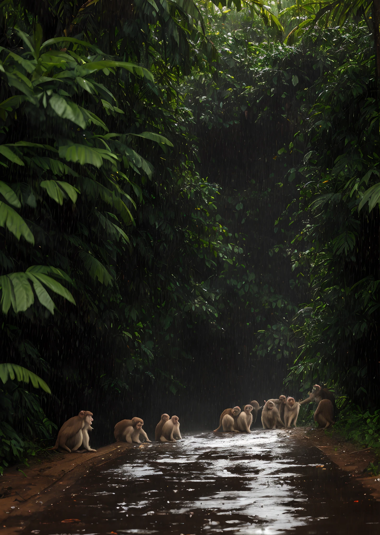 Group of monkeys under a heavy rainfall in the jungle.