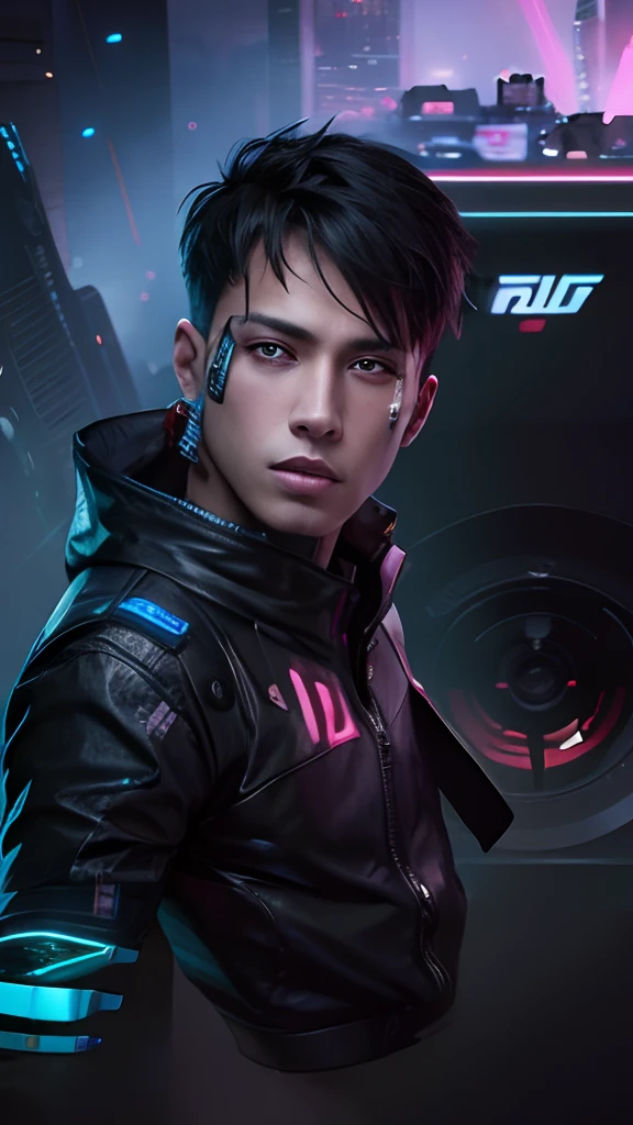 Change background cyberpunk handsome boy realistic face