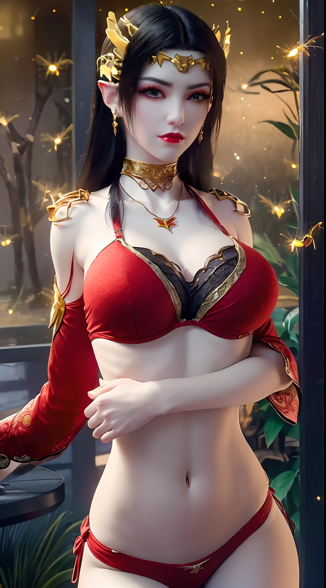 1 beautiful and sexy 20 year old girl, ((wearing a red bikini is very beautiful and sexy:1.8)), ((motifs and rhinestones on the bra:1.7)), ((long black hair:1.6)), jewelry elaborately made from precious stones and beautiful hair, ((wearing a 24k gold lace necklace:1.4))), ((A thin red silk scarf covers half of the face:1.5)), the noble, noble style of an extremely beautiful girl, her small face is super cute, her face is very pretty, thin eyebrows, flawless beautiful face, ((black eye pupils: 0.8)), very beautiful eyes, ((platinum blue eyes: 1.6)), (((big round eyes:1.6))), nice makeup and hair detailed eyelashes, steamy eye makeup, high nose, earrings, red lips, ((closed mouth: 1.5)) beautiful lips, slim hands, most beautiful thighs, ((arms spread out to the sides: 1.5)), rosy face, clean face, flawless beautiful face, smooth white skin, (big breasts: 1.5)), ((high breasts: 1.6)), tight breasts, beautiful cleavage, (((big breasts and super round: 1.8))), ((super tight breasts: 1.7)) , beautiful breasts, perfect body, back arms, chest out, thin black mesh stockings with black lace trim, 8k photo, super high quality, super realistic, super 10x pixels, optical, bright studio, bright edges, dual-tone lighting, (high-detail skin:1.2), super 8k, soft lighting, high quality, volumetric lighting, photorealistic, photorealistic high resolution, lighting, best photo, 4k, 8k quality, blur effect, smooth sharp, 10 x pixel, ((the night and fireflies background:1.5)), aurora, lightning, super graphics realistic, most realistic graphics, 1 girl, alone, solo, Extremely sharp image, surreal, (((frontal portrait: 1)))."