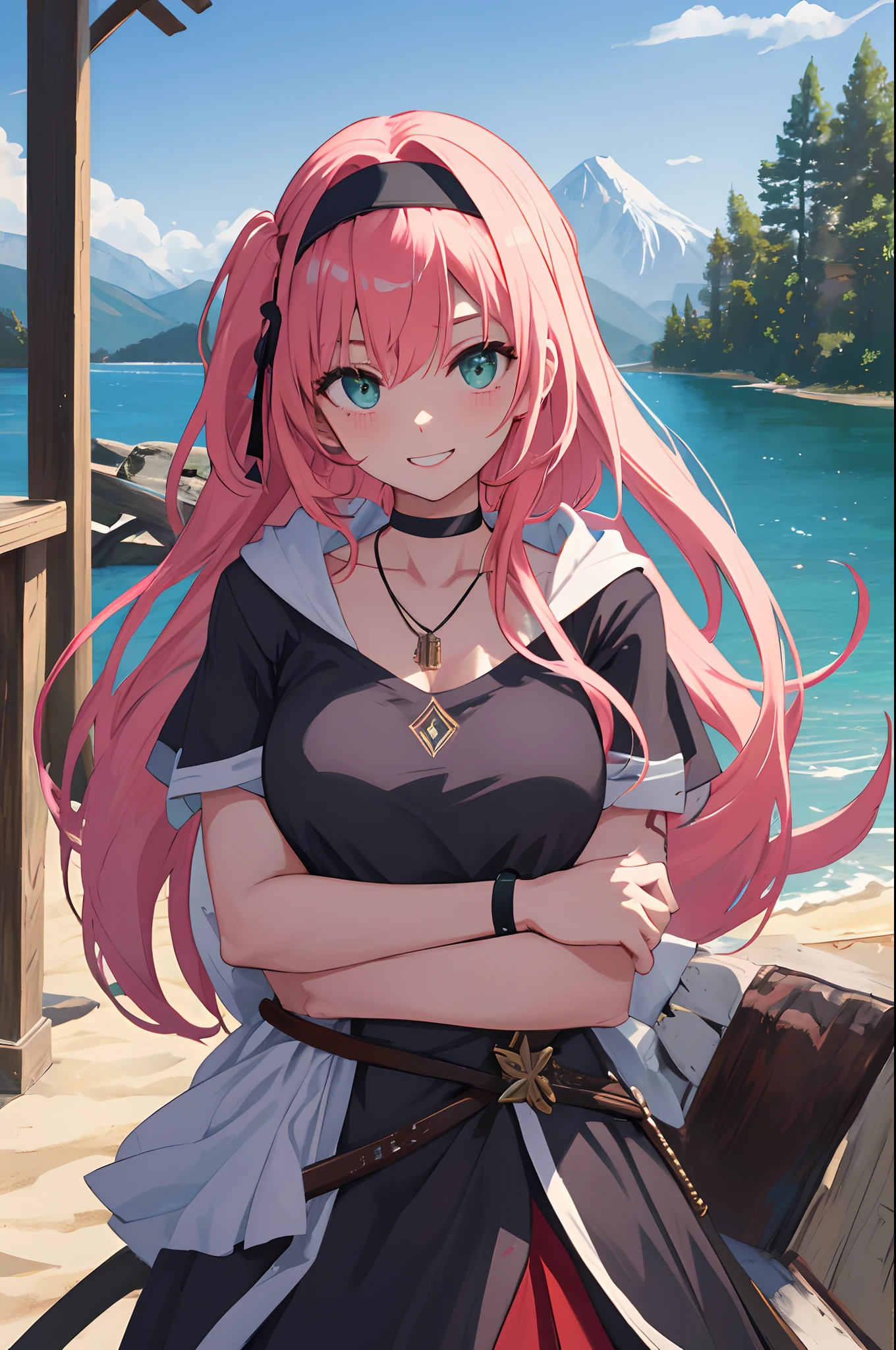 (masterpiece)、(best qualtiy)、(ultra-detailliert)、(illustratio)、(1 girl in)、Paris Collection、Hollywood actress、(interview)、(simple background)、fine, beautiful green eyes、Pink hair、Black fashion、Separate Wear、Mysterious fashion、Delicate beautiful face、roundly eyes、(a high chroma)、(brilliance)、peer in from below、Focus from above、Half-taken off hoodie、poneyTail、Weeping hair、The best lighting、Best Shadows、accessorized、shairband、Give bangs in a headband、arm band、a choker、A bracelet、a necklace、Tattoo on the arm、A distinctive smile with double teeth that grins、Idyllic mountains、You can see a log cabin on the shore of the lake、Backgrounds with depth、canine teeth、swordsmen、Swordsman equipment、red blush、despise、Angle from below、Equipped with a katana at the waist、Equipped with a katana on the back、