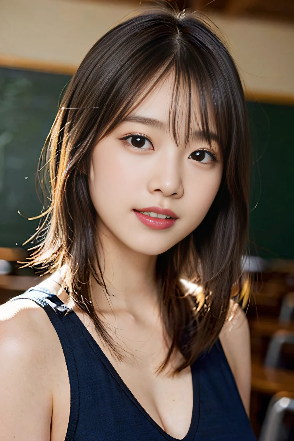 (8K分辨率、Raw photography、top-quality、masterpiece:1.2)、(realisitic、Photorealsitic:1.37)、ultra-detailliert、超A high resolution、1人、see the beholder、beautifull detailed face、A smile、Constriction、(Slim waist) :1.3)、Beautiful detailed skin、Skin Texture、Floating hair、Professional Lighting、Whole human body、Brown hair、Bob Hair、Happy smile、Classroom、25-years old、High School Teacher、Nailed to schoolboys、huge tit、Teacher's costume、
