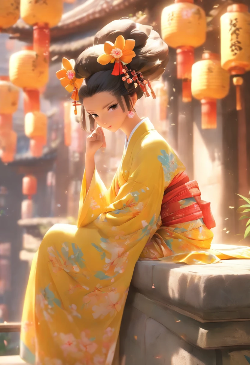 araffe woman in a yellow kimono sitting on a ledge, palace , a girl in hanfu, realistic anime 3 d style, artwork in the style of guweiz, beautiful character painting, 3 d anime realistic, trending on cgstation, anime styled 3d, wearing ancient chinese clothes, chinese girl, artgerm and atey ghailan